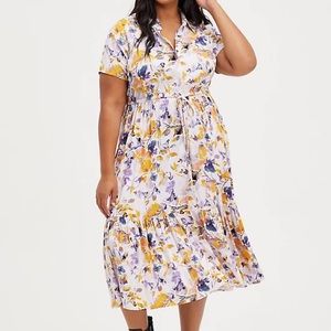 TORRID TIERED MIDI DRESS - STRETCH CHALLIS FLORAL PINK 1X